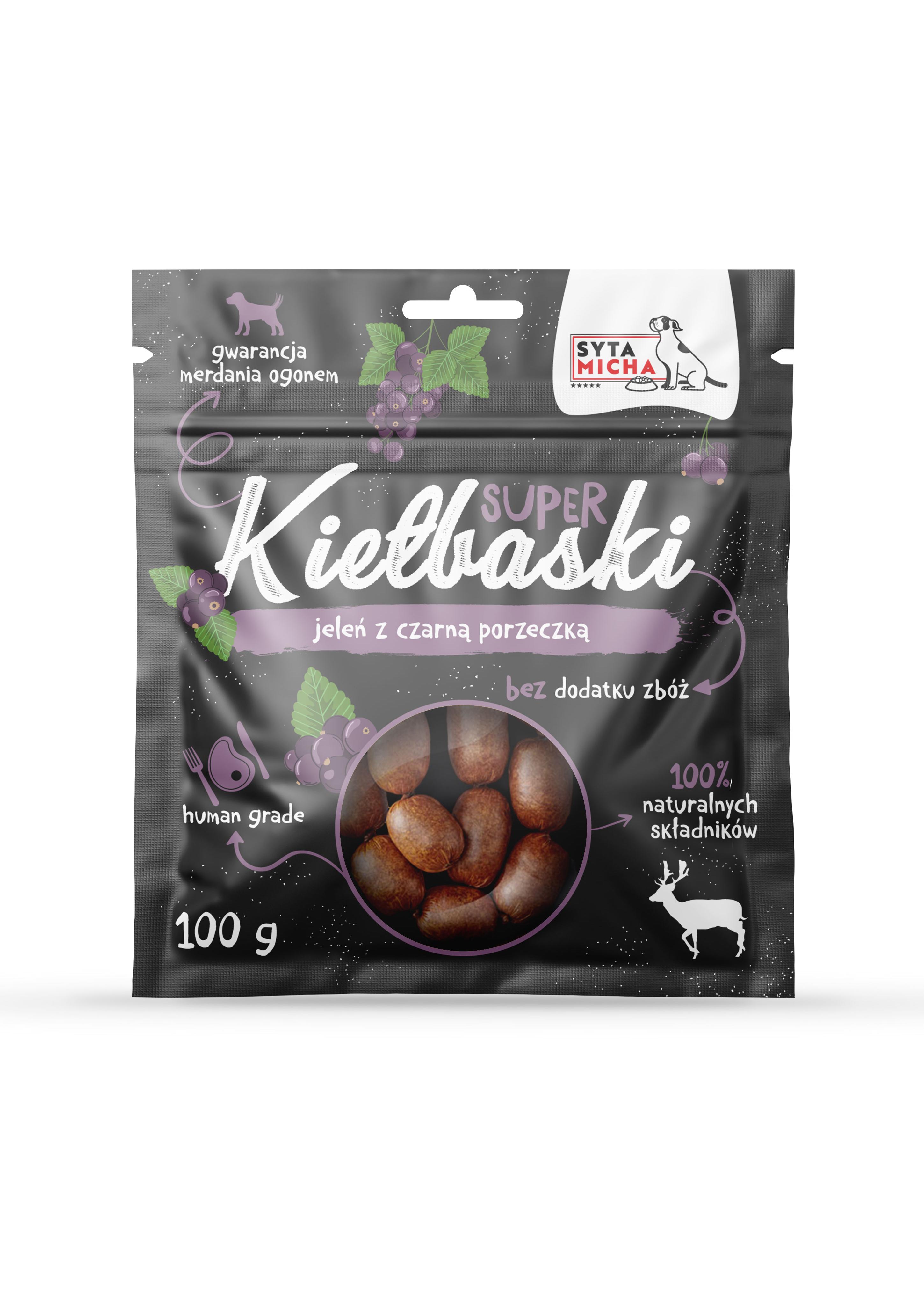 Kiełbaski dla psa z jeleniem i czarną porzeczką 100g