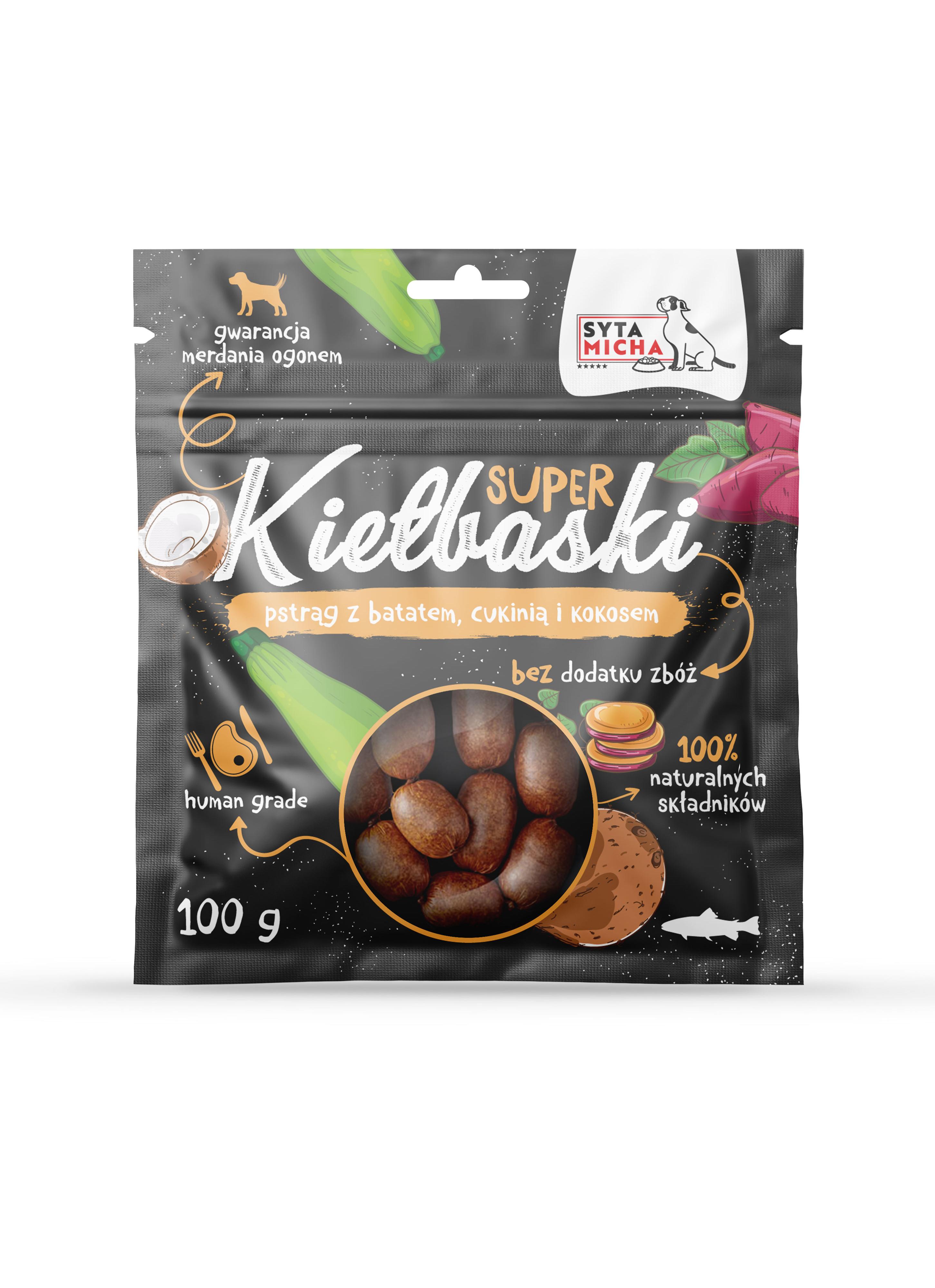 Kiełbaski dla psa z pstrągiem, batatem, cukinią i kokosem 100g